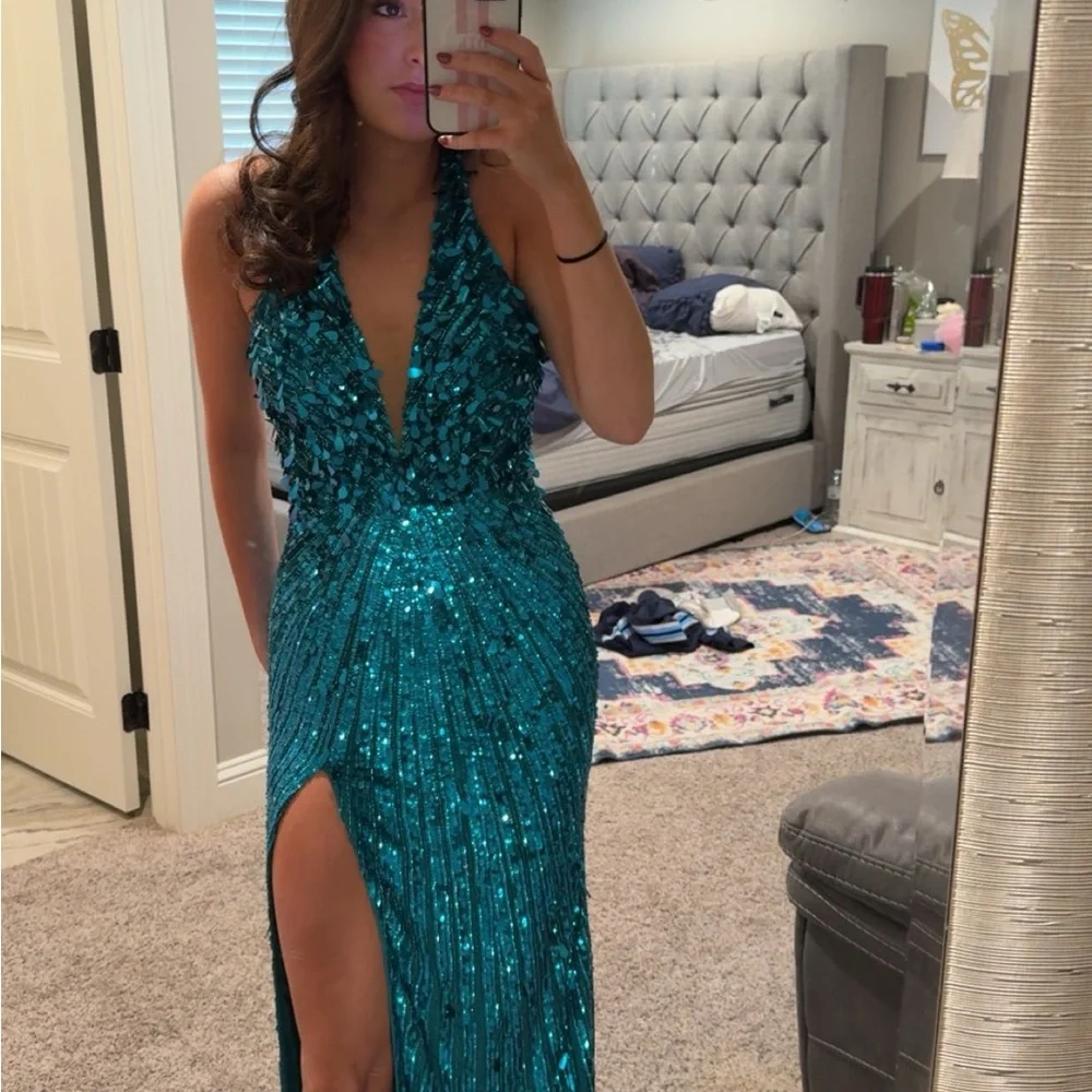 Green Sequin Halter Prom Gown - Picture 2 of 8
